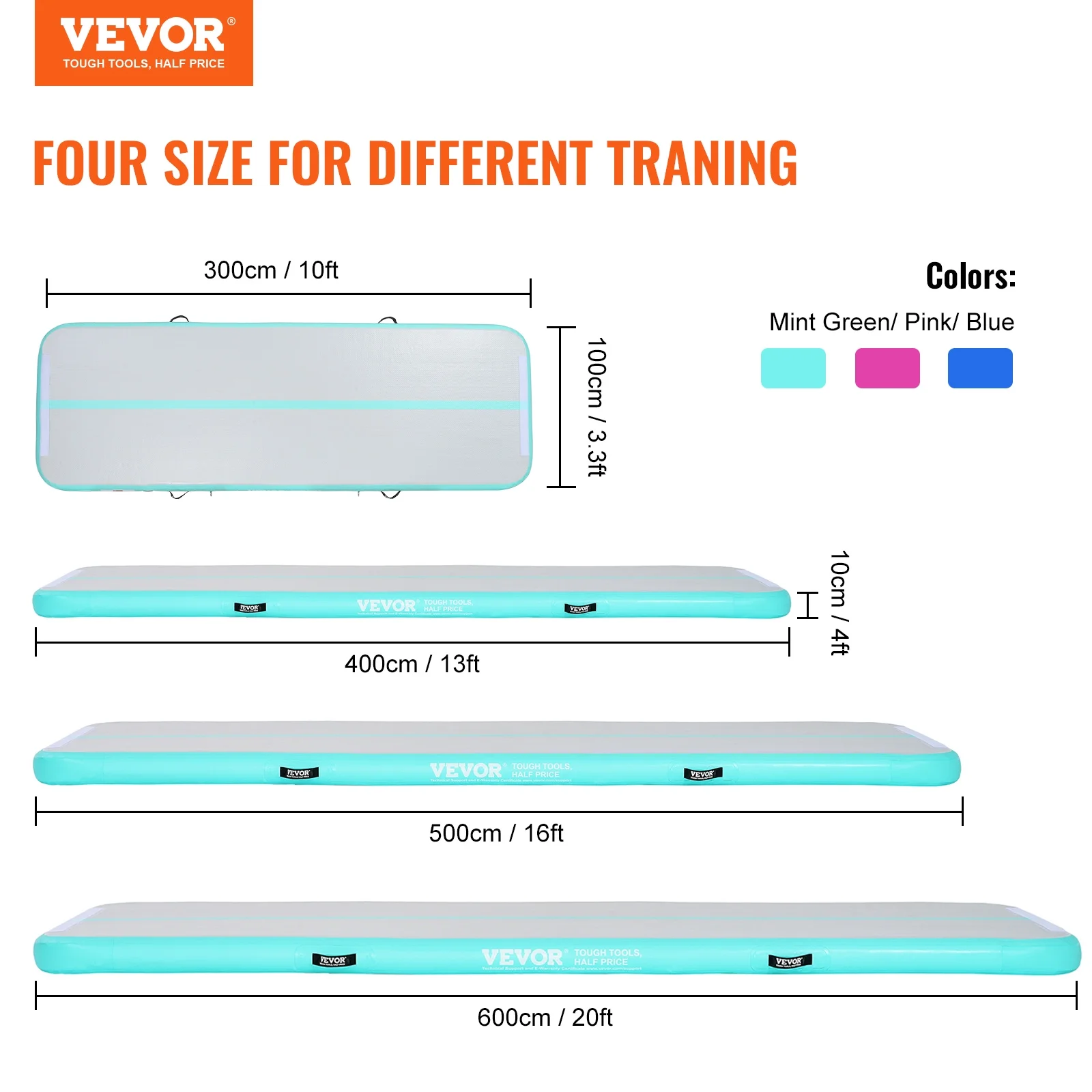VEVOR Gymnastics Air Mat, 4 inch Thickness Inflatable Gymnastics Tumbling Mat, Tumble Track with Electric Pump, Training Mats for Home Use/Gym/Yoga/Cheerleading/Beach/Park/Water, 10 ft, Mint Green - Image 7