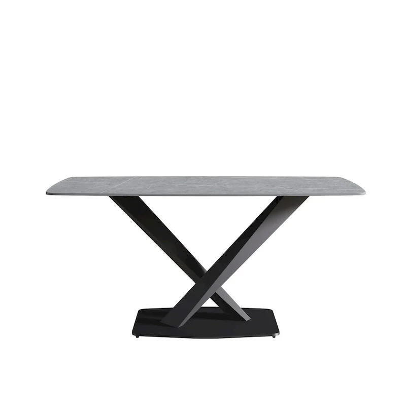 63-Inch Contemporary Dining Table with Slate Stone Surface and Metal Legs, Marble Finish