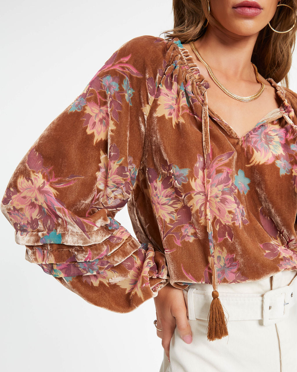 Arden Floral Burnout Velvet Top - Taupe - Se7enfashion