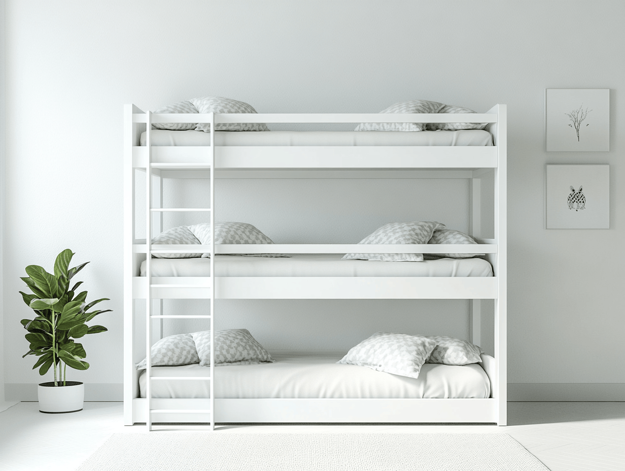 Litera triple blanca de madera para habitación infantil moderna con escalera lateral segura