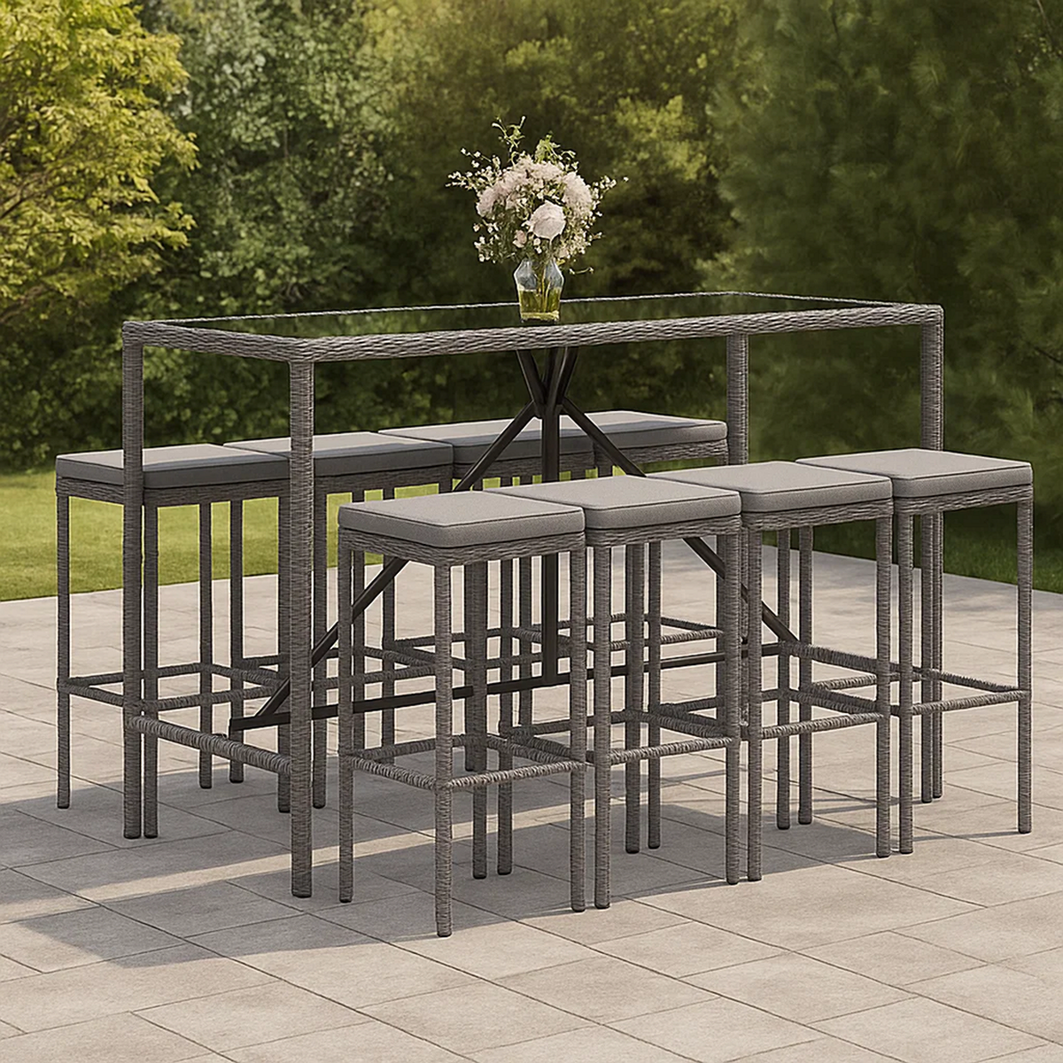 Conjunto de bar para jardín 9 pzas ratán sintético gris y cojines – mesa rectangular y 8 taburetes