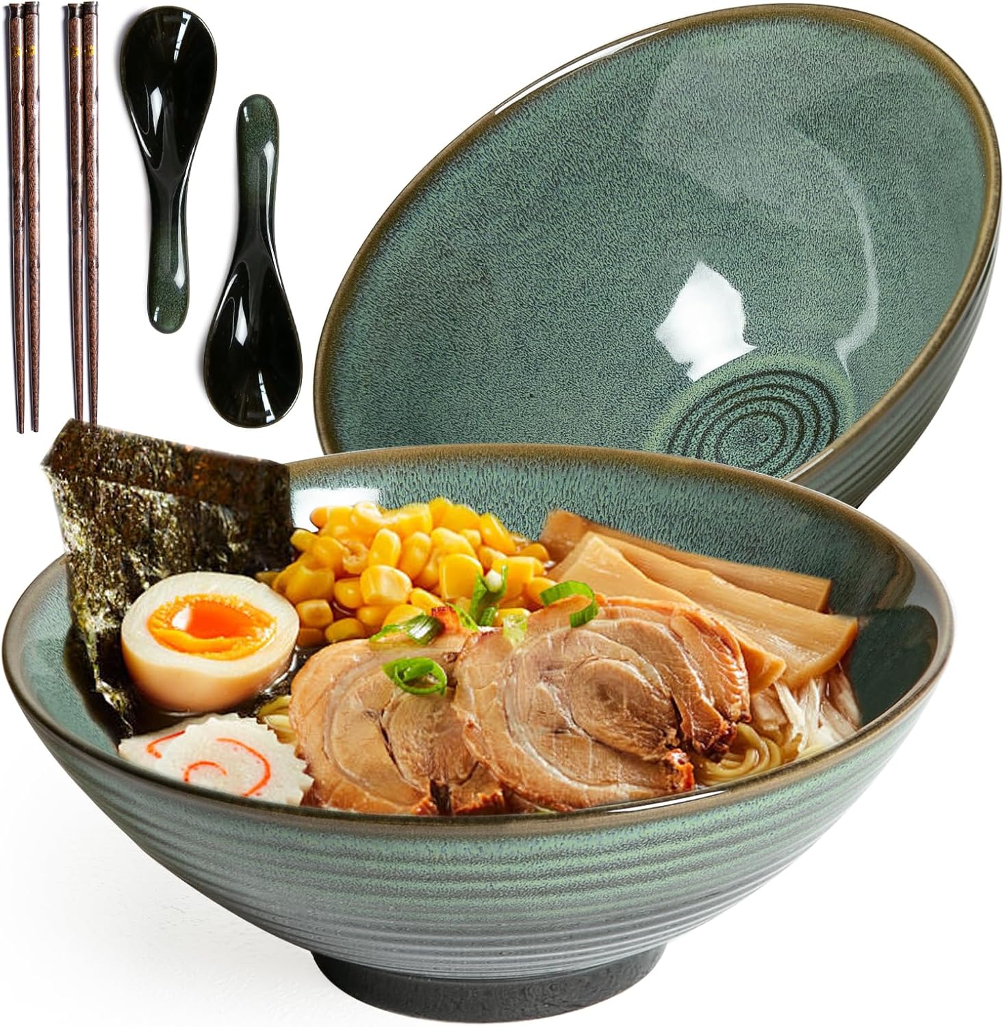 40 oz Ceramic Ramen Bowl Set of 2, Ramen Noodle Bowl with Spoons and Chopsticks 8 Inch Japanese Retro Style Large Soup, Pho, Udon Bowls, Microwave & Dishwasher Safe, Green