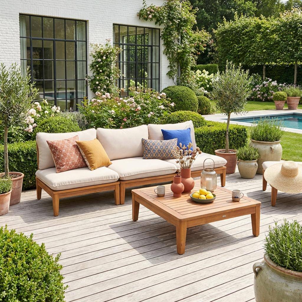 Yona - Conjunto de muebles de jardín modular de madera de acacia, 3 plazas