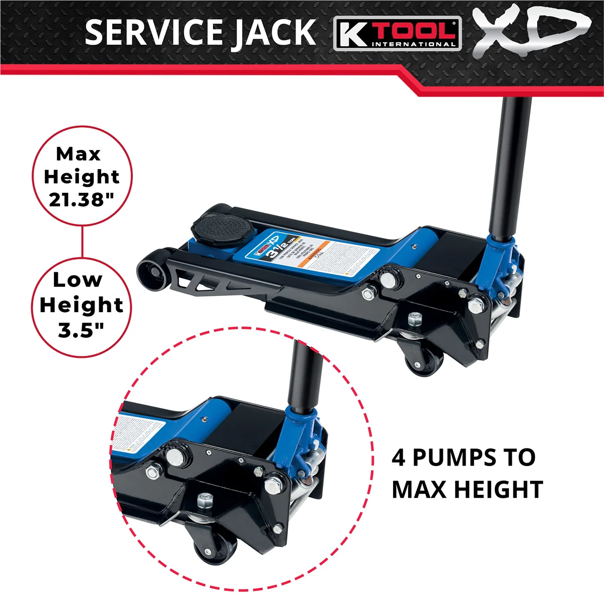 K-Tool INT022 3.5 Ton Low Profile Service Jack; Dual Pump Piston - Image 2