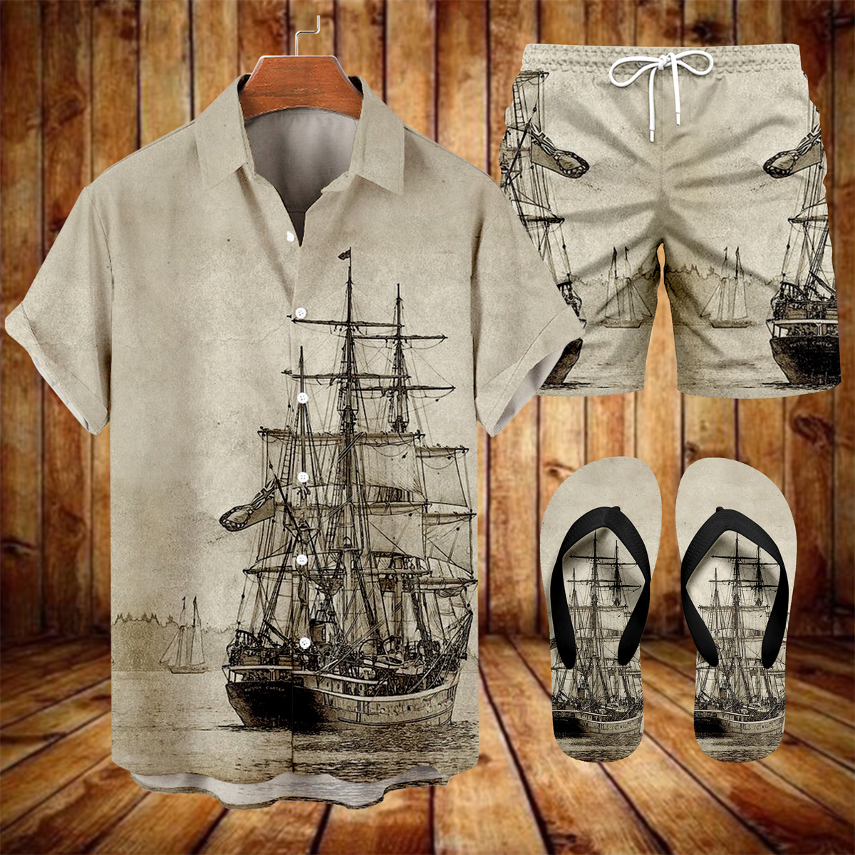 Suitmens Men's Hawaiian Navigation Bowling Print Shirt Three-Piece Set 052