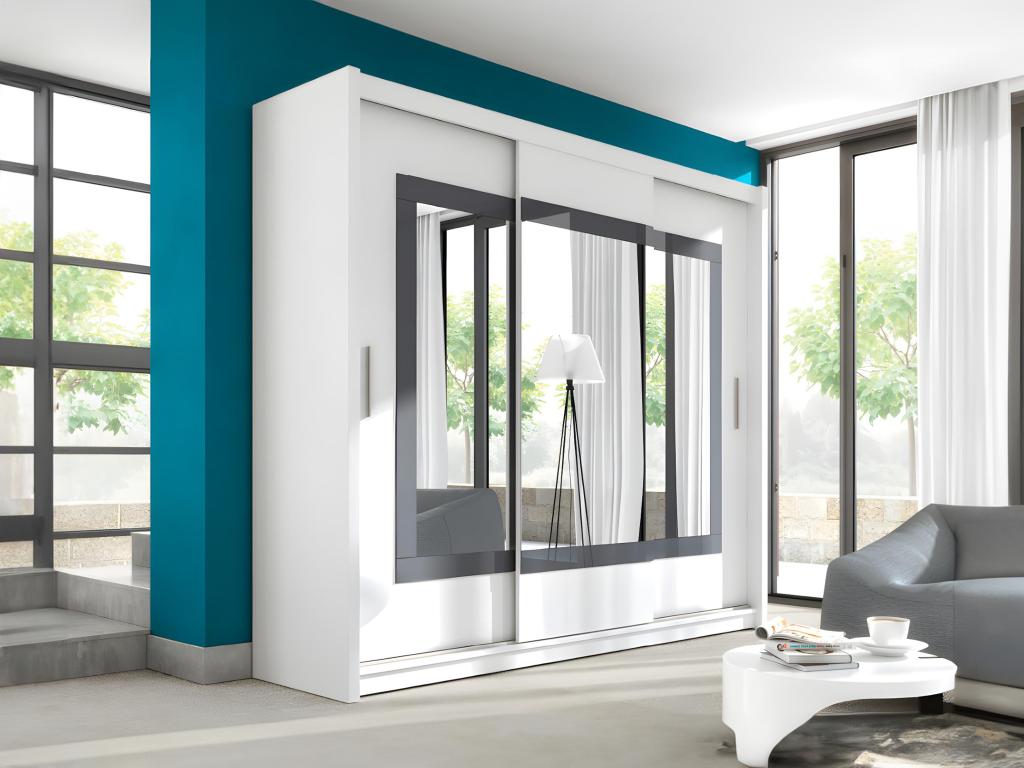 Armario 3 puertas correderas con espejo - 250 cm - blanco