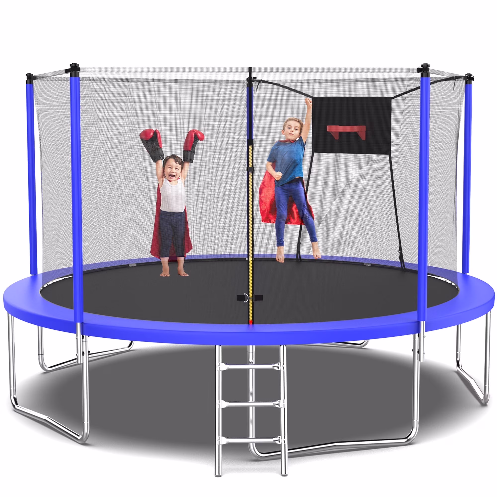 14FT Trampoline, 1320 lb Kids Trampoline with Basketball Hoop, Outdoor Adult Trampoline W/Enclosure Net Heavy - Duty Supports(14FT-Blue)