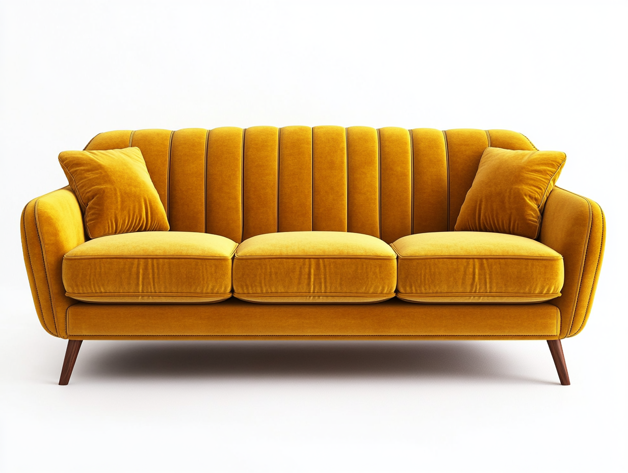 Sofá vintage de terciopelo mostaza de 3 plazas con patas de madera para salón AN7677173
