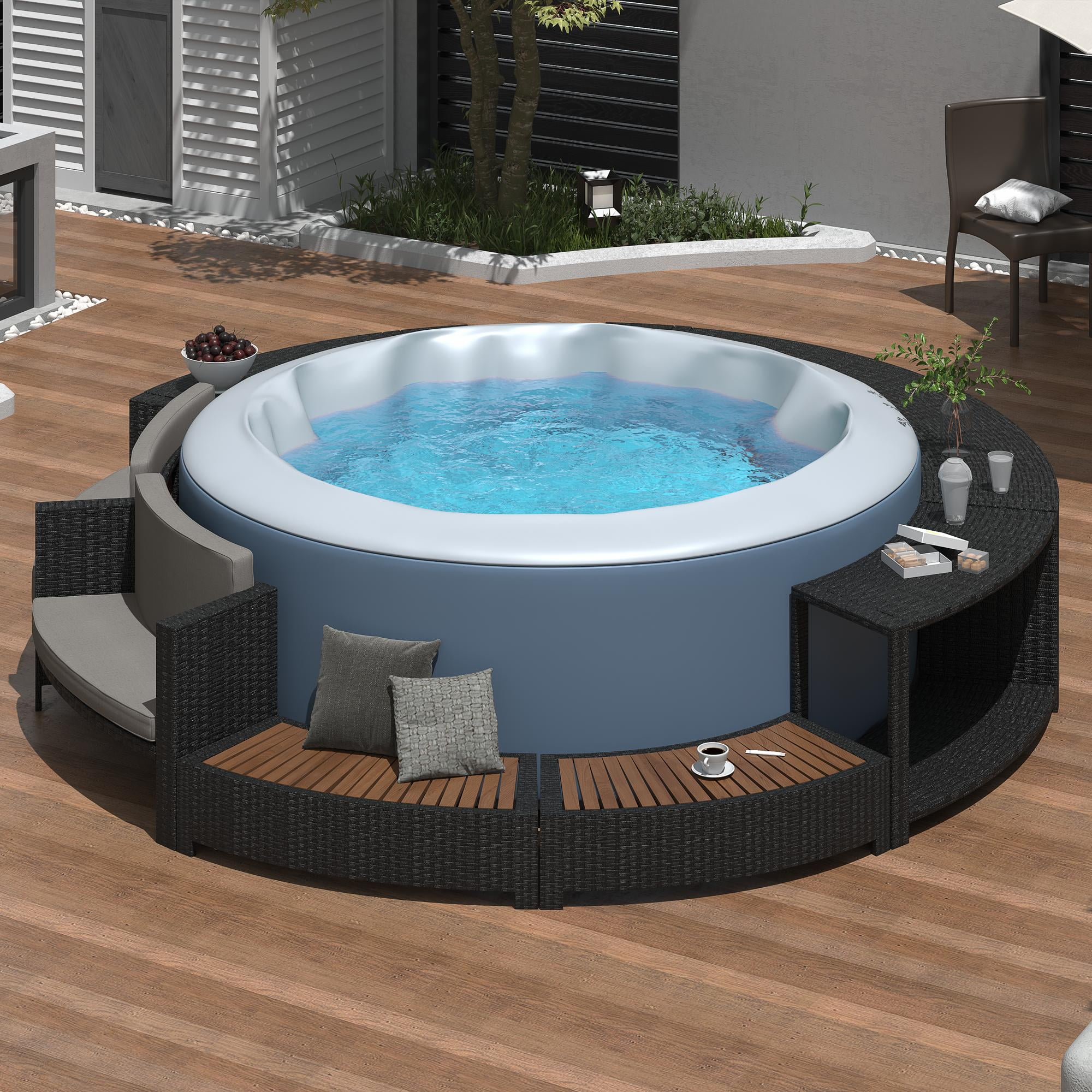 Round Hot Tub Surround Furniture, Spa Surround Outdoor Rattan Sectional Sofa Set with Mini Sofa, Solid Acacia Wood Hot Tub Storage Surround Patio Furniture Set, Gray Cushion - Image 12
