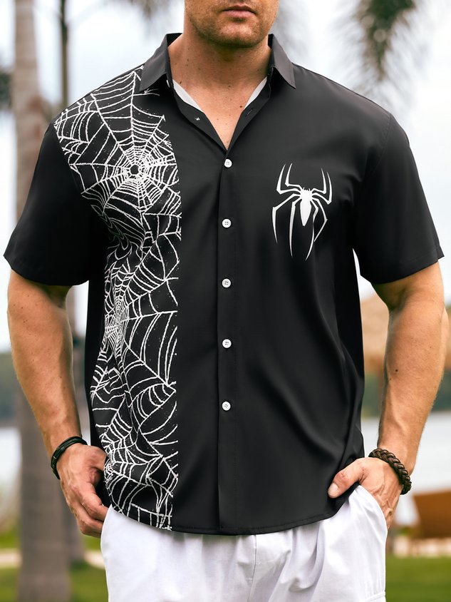 Mens Halloween Spider Print Front Buttons Soft Breathable Casual Hawaiian Shirt