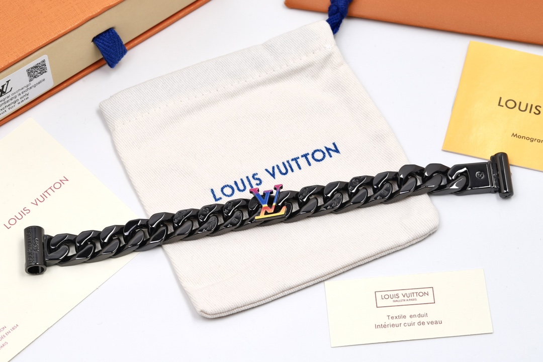Louis Vuitton Black Cuban Chain Color LV Mens Bracelet Necklace - Original Replica Club