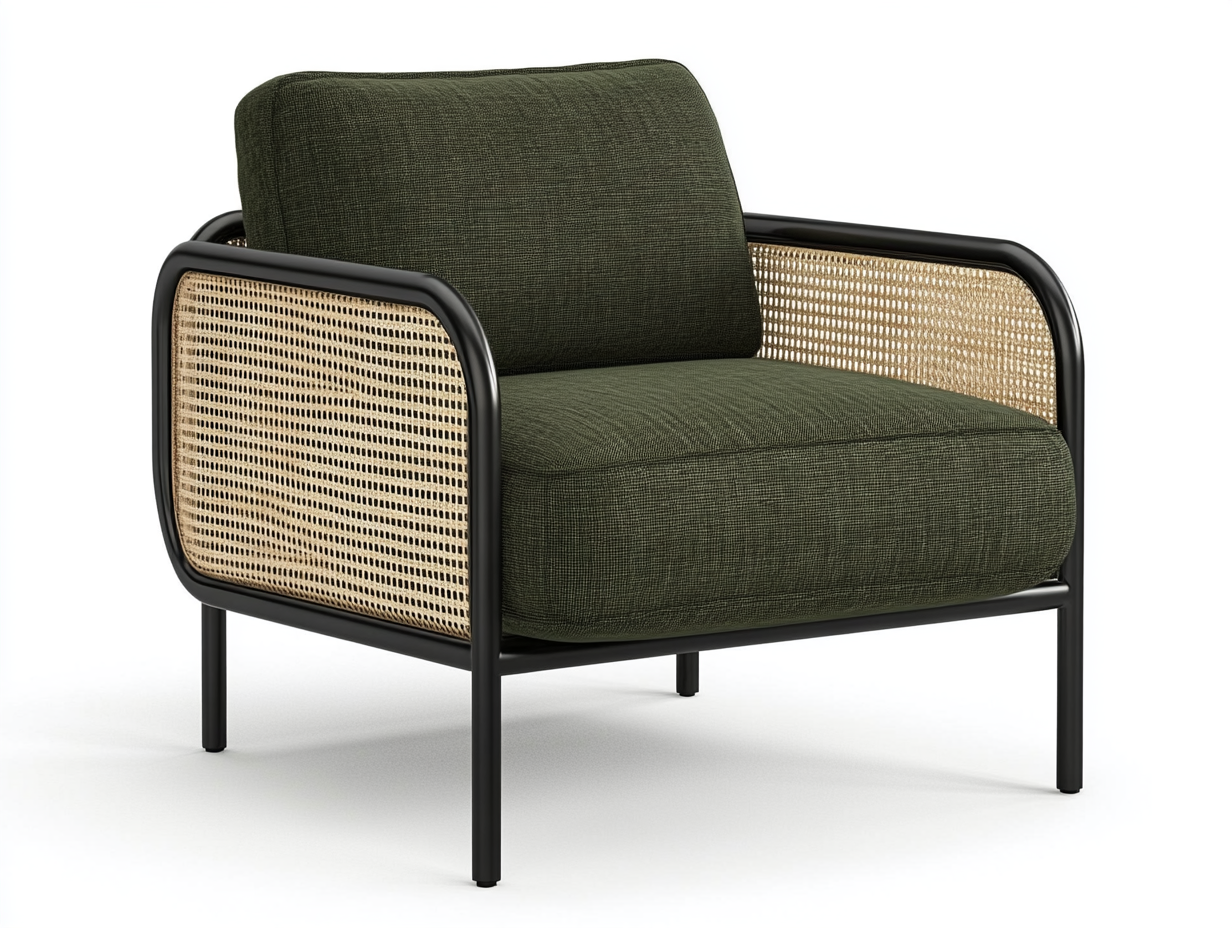 Sillón verde oscuro con patas negras y detalles de mimbre