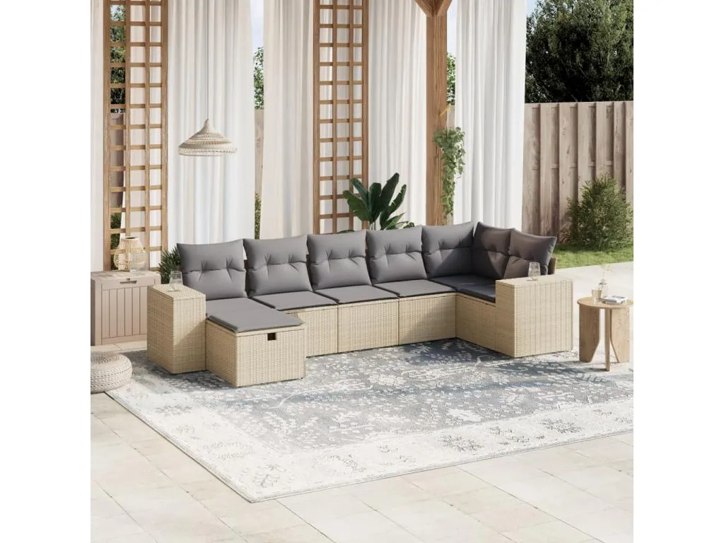 Juego de sofás jardín con cojines beige mezcla 7 piezas ratán PE 95563KMBN