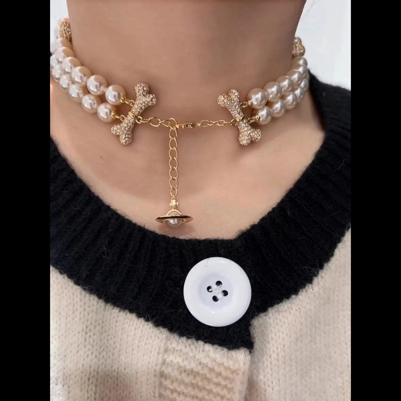 Vivienne Westwood 2 Row Bone Inlay Diamond Mixing Pearl Necklace - Original Replica Club