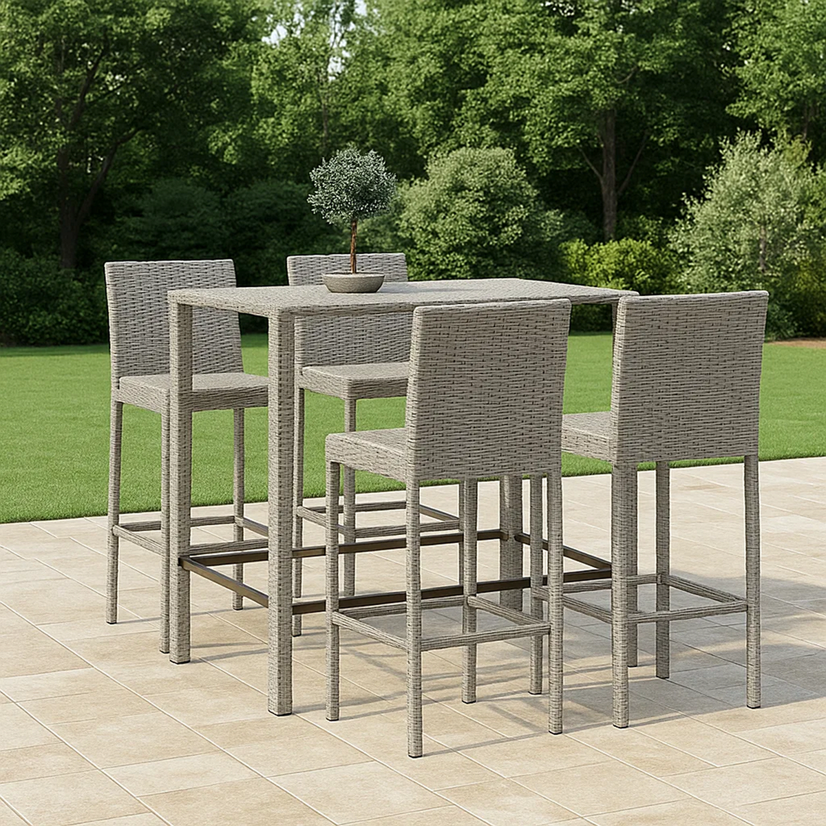 Conjunto de bar para jardín 5 pzas ratán sintético gris claro – mesa alta y 4 taburetes