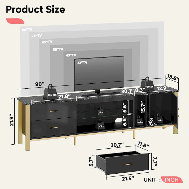 Contemporary 80-Inch TV Stand for 75/80/85 Inch TVs with 2 Drawers