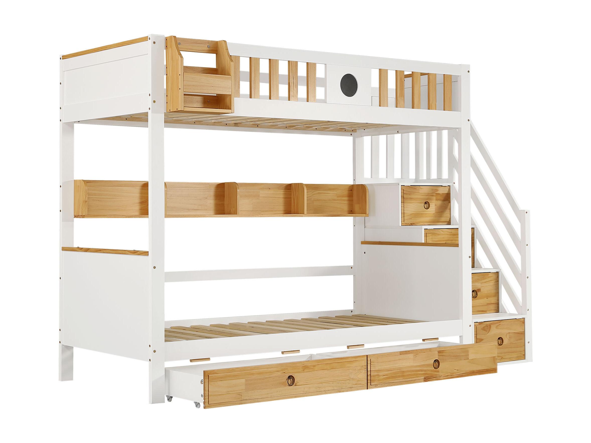 Litera con escalera de almacenamiento - 90x200 cm - 4 taquillas en la escalera y 2 cajones debajo de la cama - con somier - Blanco