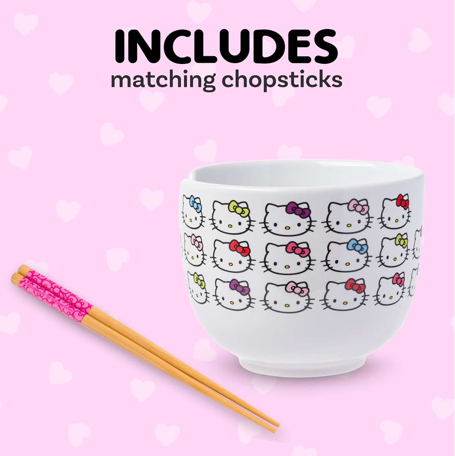 Silver Buffalo Sanrio Hello Kitty Face with Different Color Bows Pattern Ceramic Ramen Noodle Rice Bowl with Chopsticks, Microwave Safe, 20 Ounces