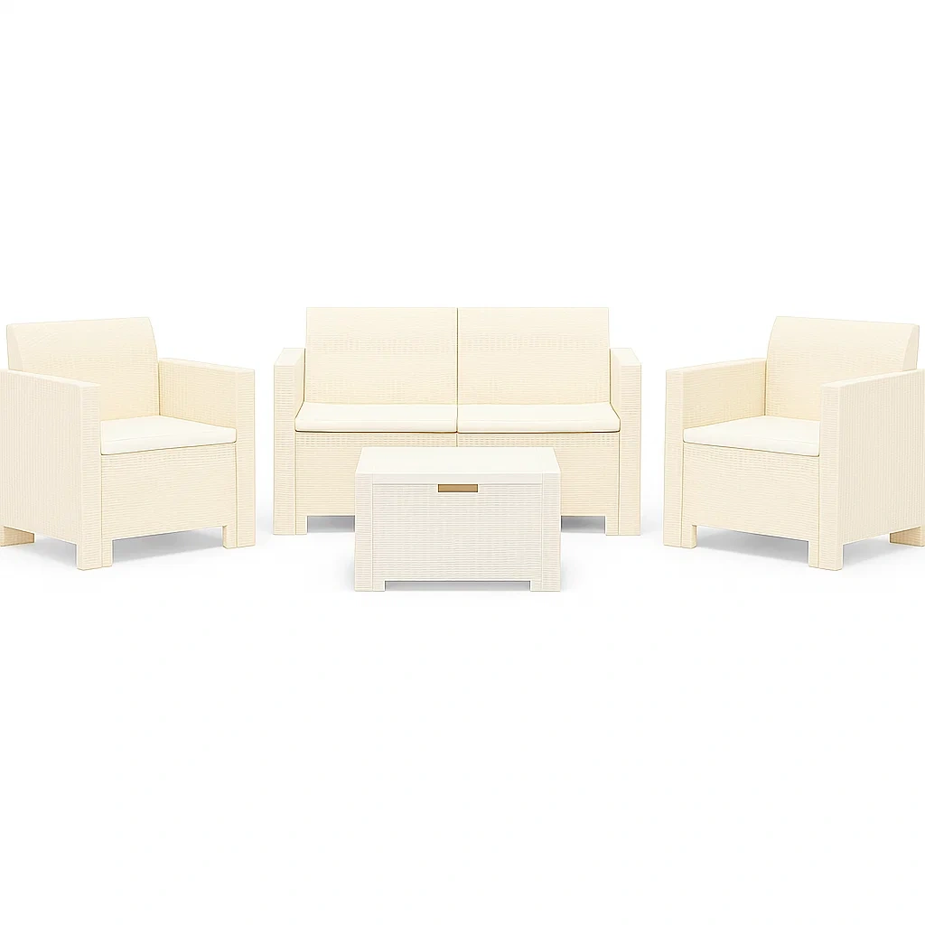 Conjunto de jardín para 4 personas, Estructura de ratán sintético, 1 sofá de 2 plazas, 2 sillones, 1 mesa baja, Blanco - jYHuIyJ216ur
