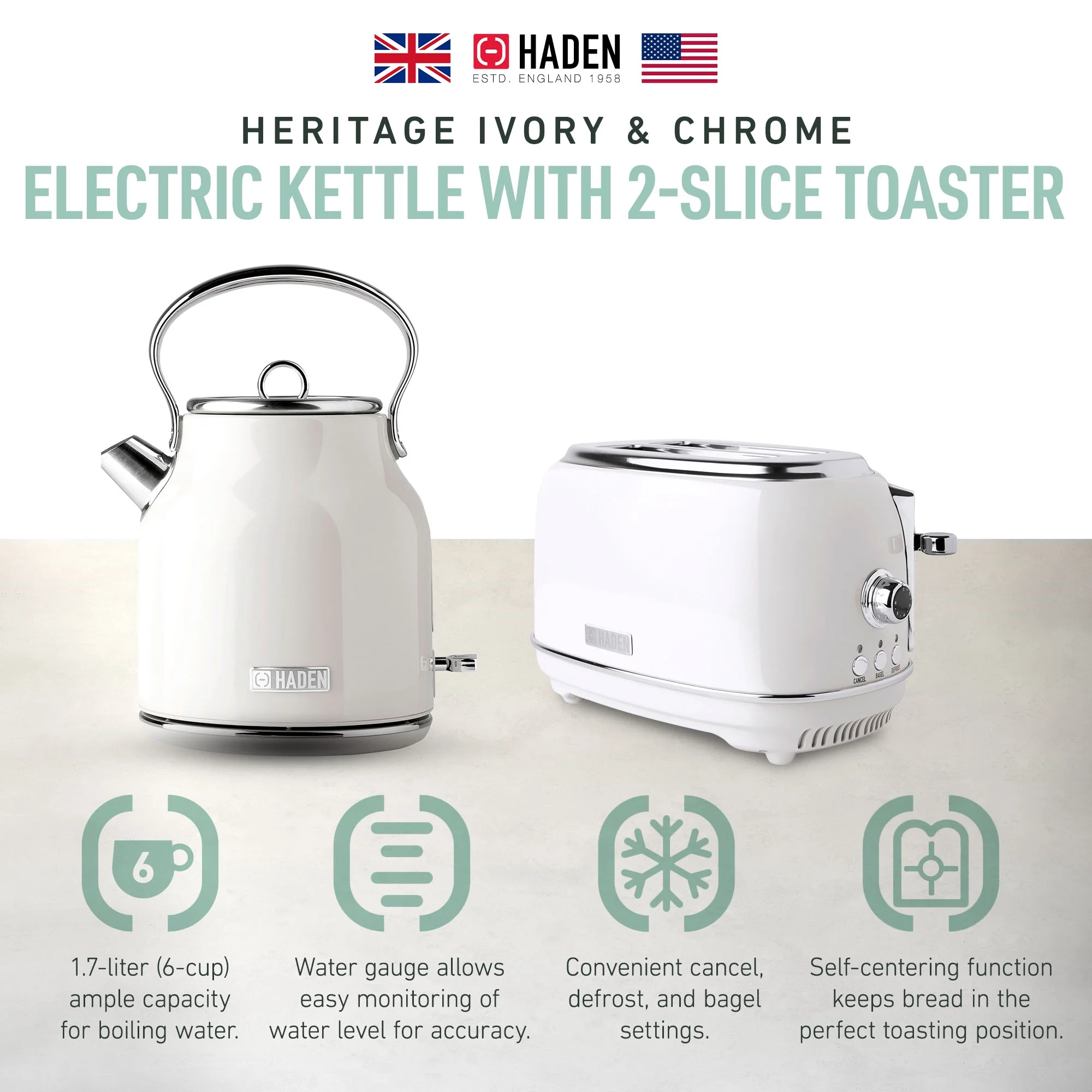 Haden Heritage 1.7 Liter Electric Kettle with 2 Slice Bread Toaster, White - Image 2