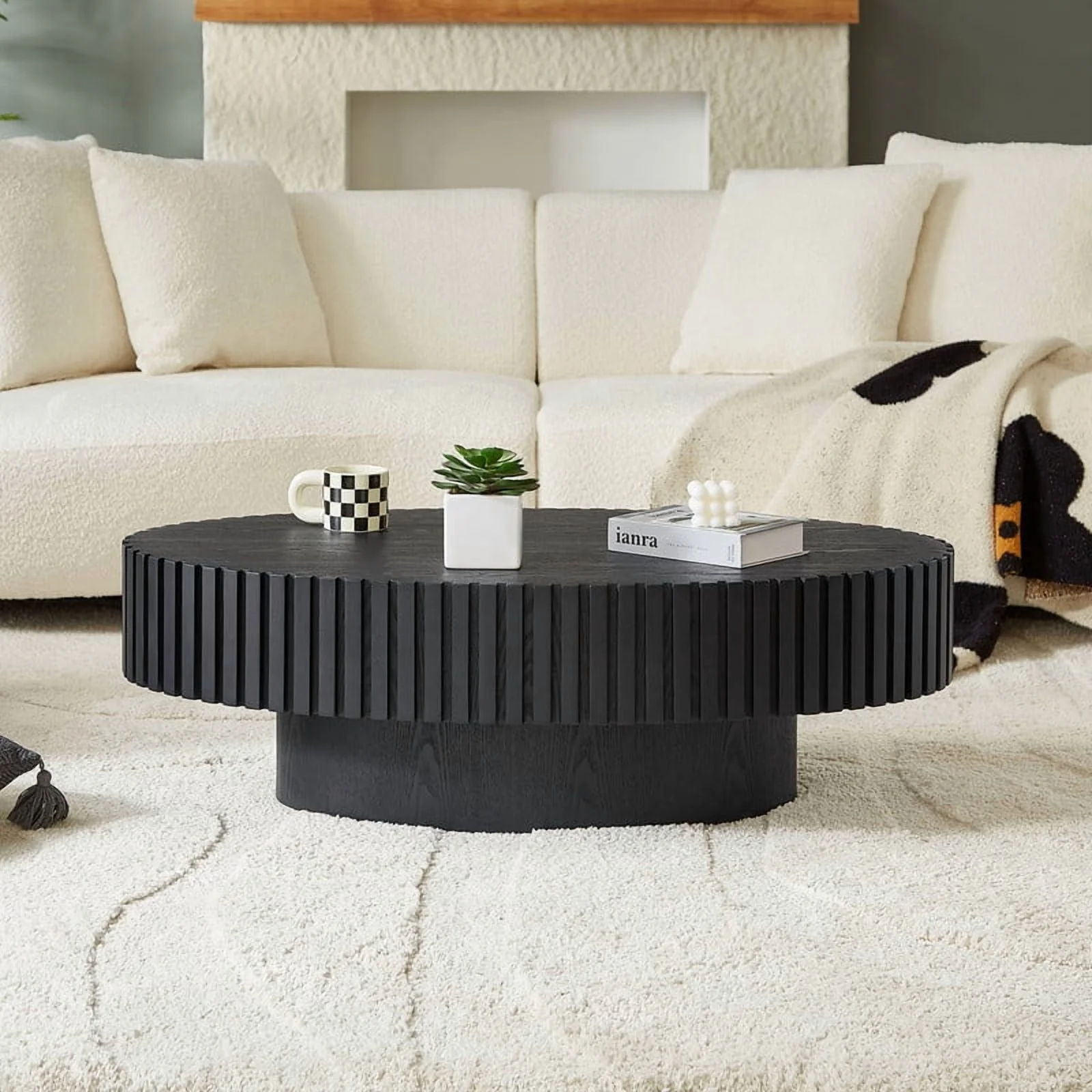 FFH 43.7 inch Oval Coffee Table for Living Room,Handcraft Rustic Corner Coffee Table Nature Wood Relief Sturdy Pedestal for Apartmen,Side Table Centre Table,Nature Wood - Image 73