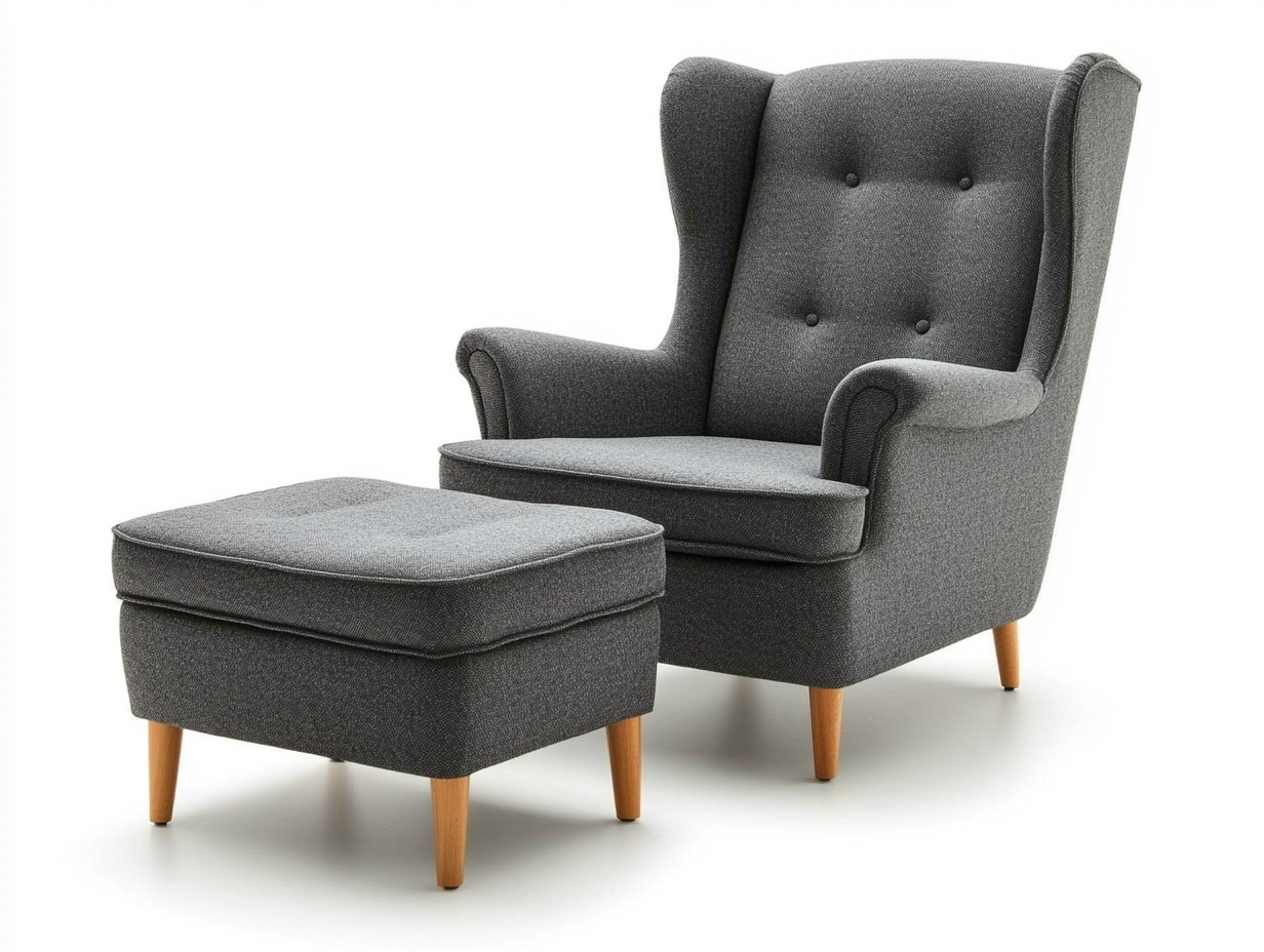 Sillón escandinavo con otomana en tela gris