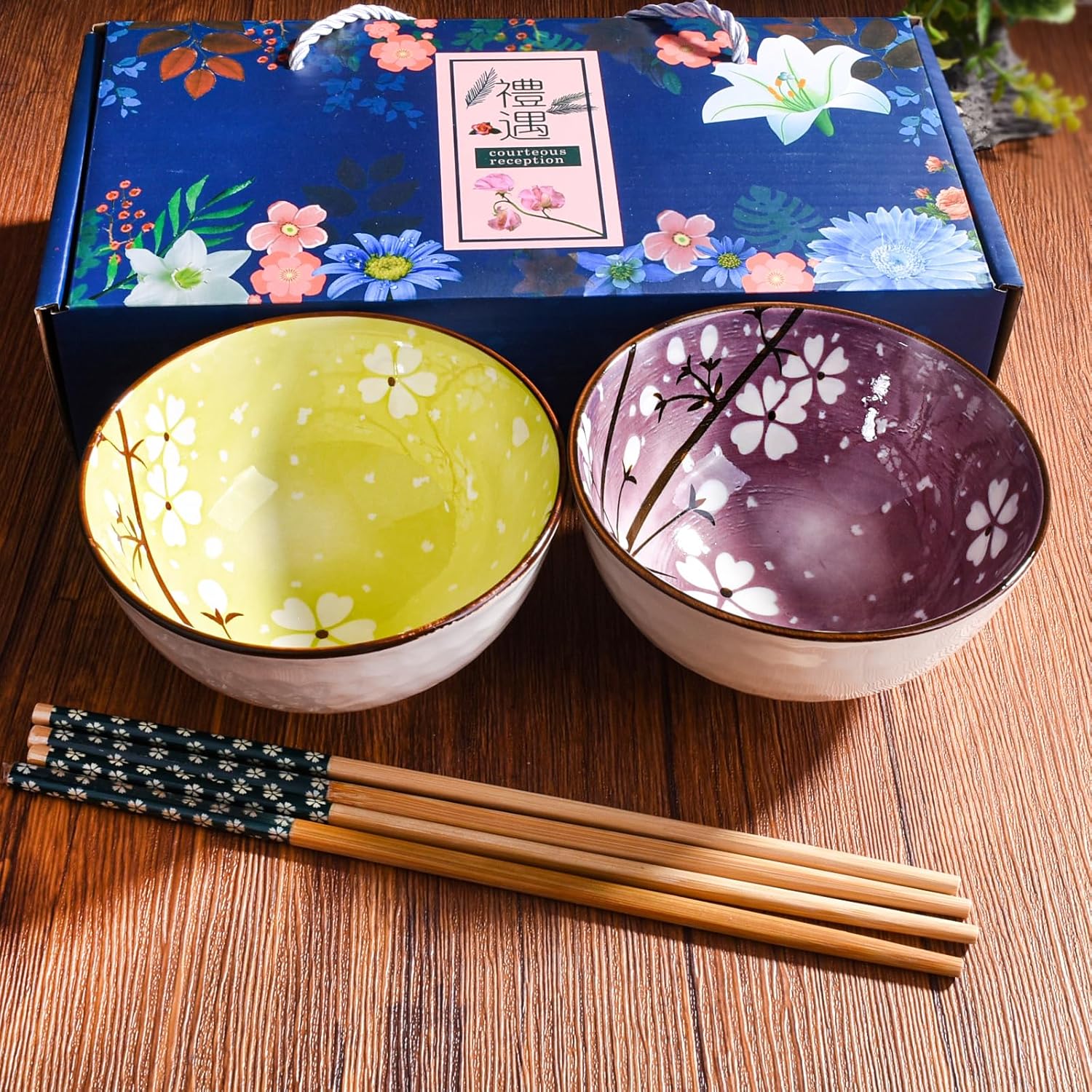 Japanese Cherry Blossom Ceramic Rice Bowl Set with Chopsticks Set of 2, Purple and Green