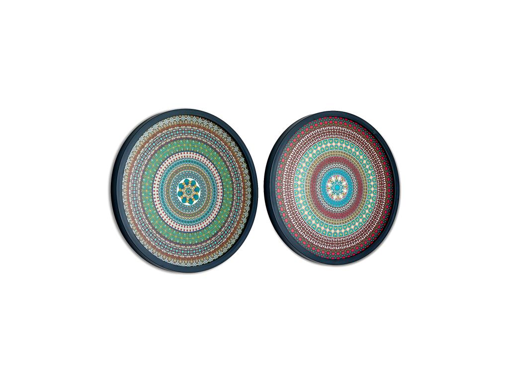 Juego de 2 cuadros redondo 40*40*3 marco negro mandala azul y rosa provenza