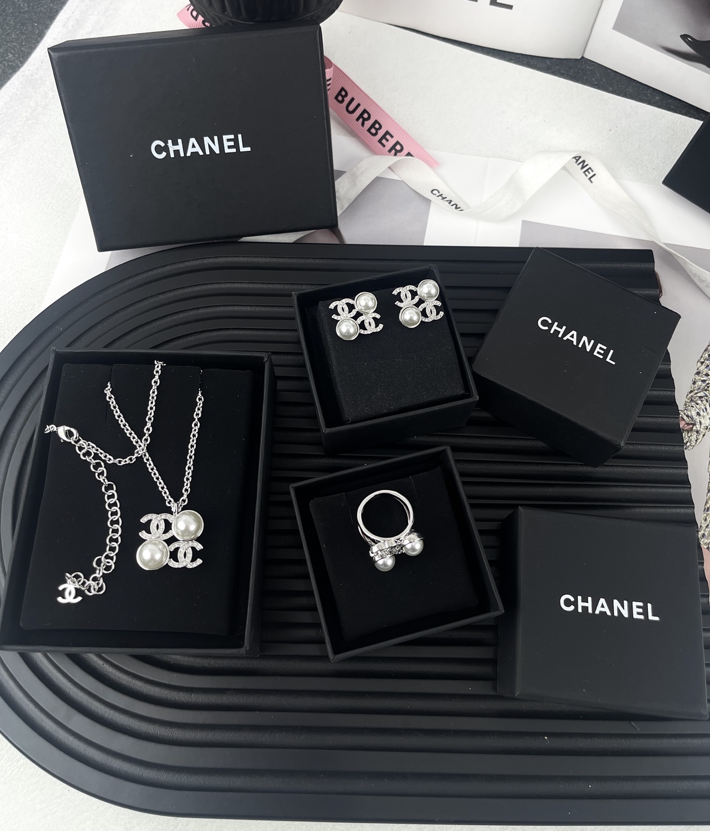 Chanel Silver Square Coco & Pearls Pendant Necklace - Original Replica Club