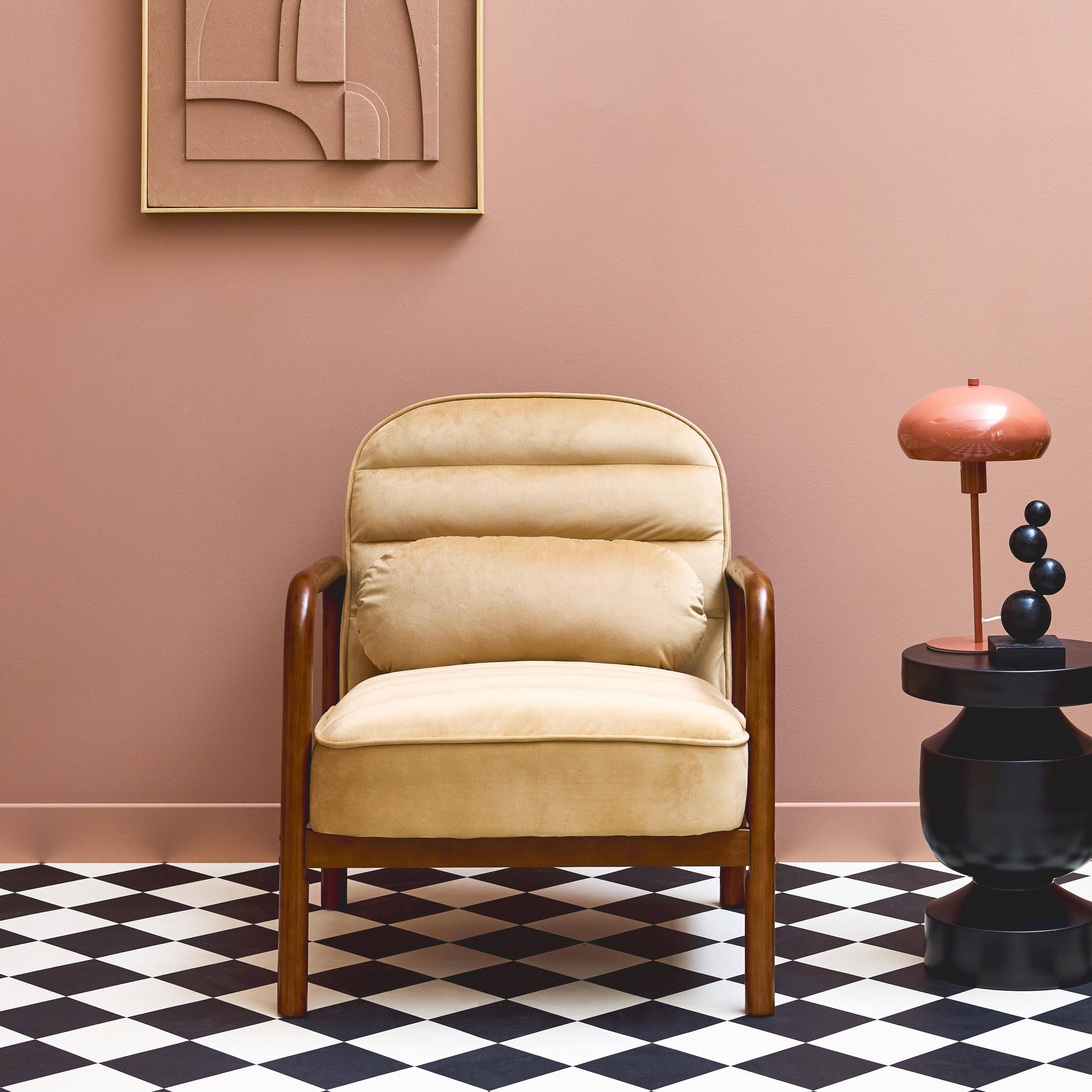 Amelie terciopelo - Sillón escandinavo de madera de hevea teñida de nogal y tela de terciopelo