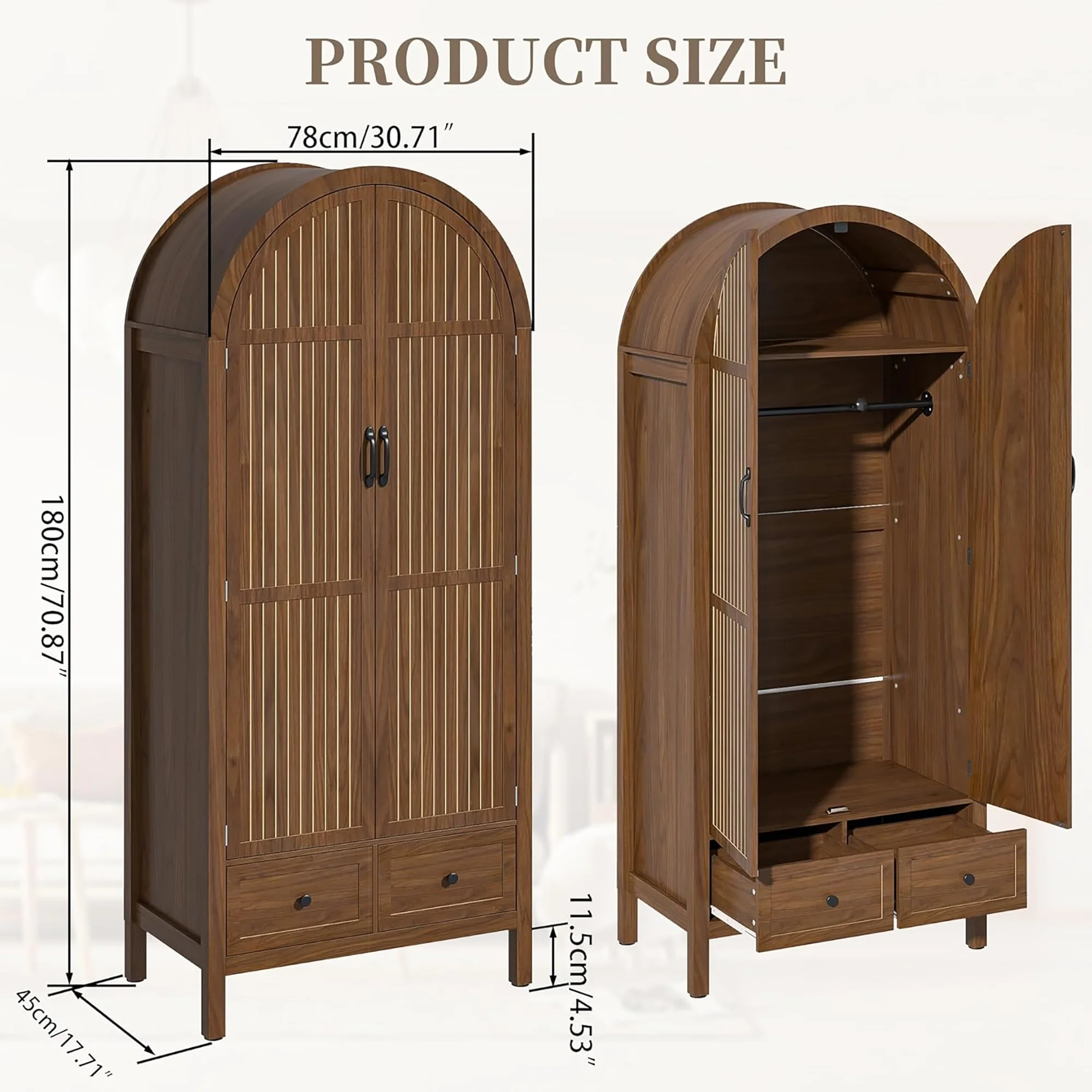 Oubayajia Arched Armoire Wardrobe Closet with Fluted Doors, Wooden Wardrobe Closet with Drawers, Shelves and Hanging Rod for Bedroom - Image 2