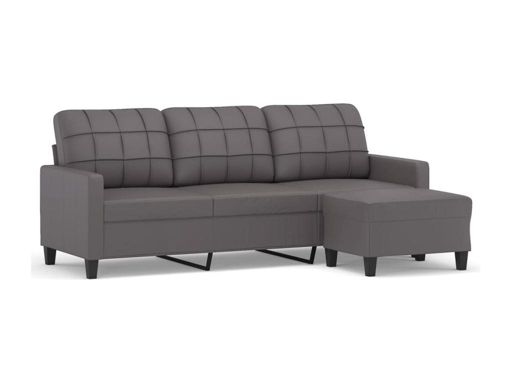Sofá de 3 plazas con taburete cuero sintético gris 180 cm