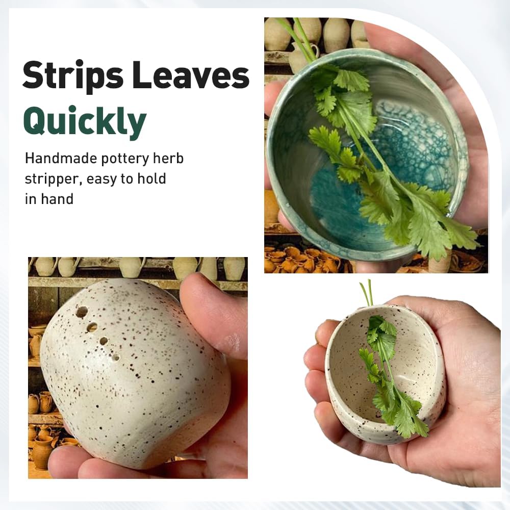 Pottery Herb Stripper Bowl, Upgrade Pottery Herb Stripper Cup Ceramic Herb Peeling Cup, Handmade Different Round Hole Sizes Suitable for Peeling Off The Leafy Assembly (A)