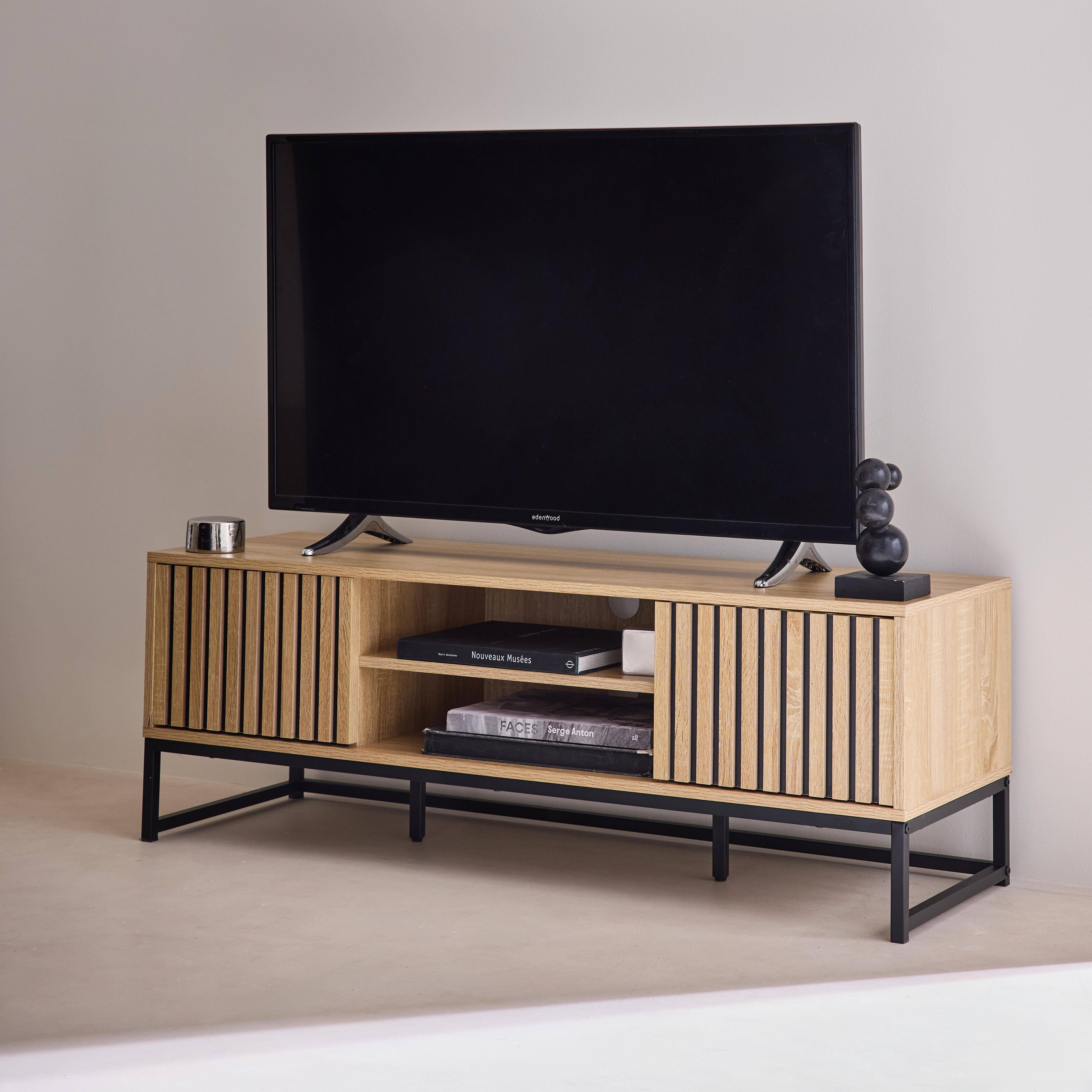 Lisbonne - Mueble TV 2 puertas de madera ranurada y metal negro L 120