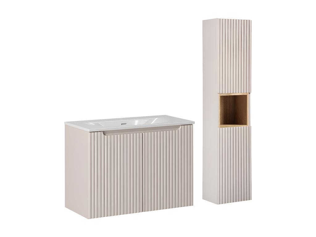 Conjunto de muebles con lavabo individual encastrado 80cm 2 puertas y columna Riva Cachemira y Madera