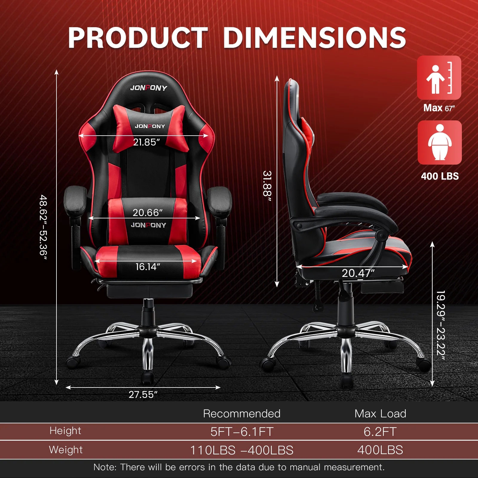 JONPONY Big and Tall 500LBS Gaming Chair, Ergonomic Design, Gamer Chair PU Leather with Footrest and Lumbar Support, High Back Office Chair Support 8 Hours Long Sitting,Red Computer Chair,Red - Image 49