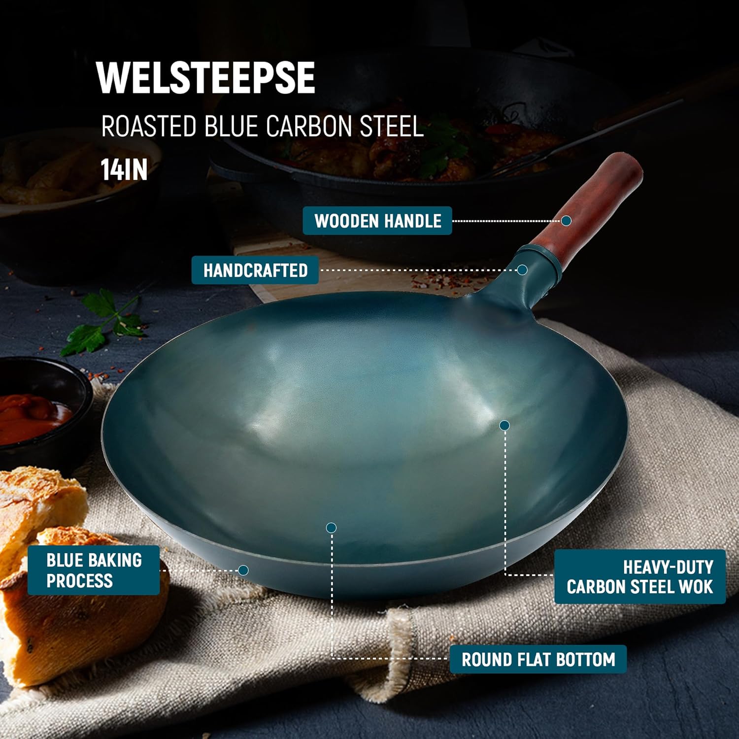 welsteepse Carbon Steel Wok Traditional Hand Hammered Wok,14 Inch,Round Bottom(Roasted Blue)