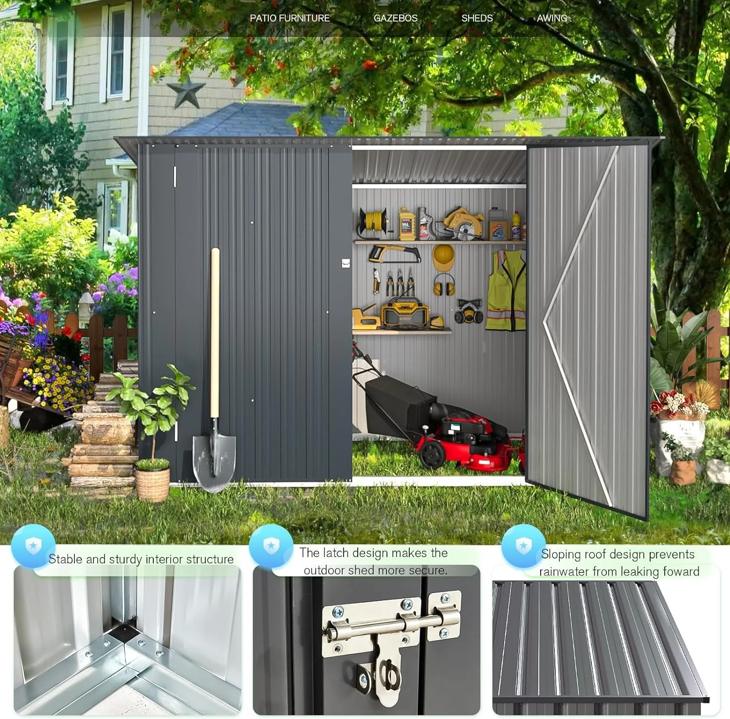 YODOLLA Outdoor Storage Shed, 3 x 7 Ft Bike Sheds & Outdoor Storage, Small Metal Outdoor Storage Cabinet for Garden - Image 5