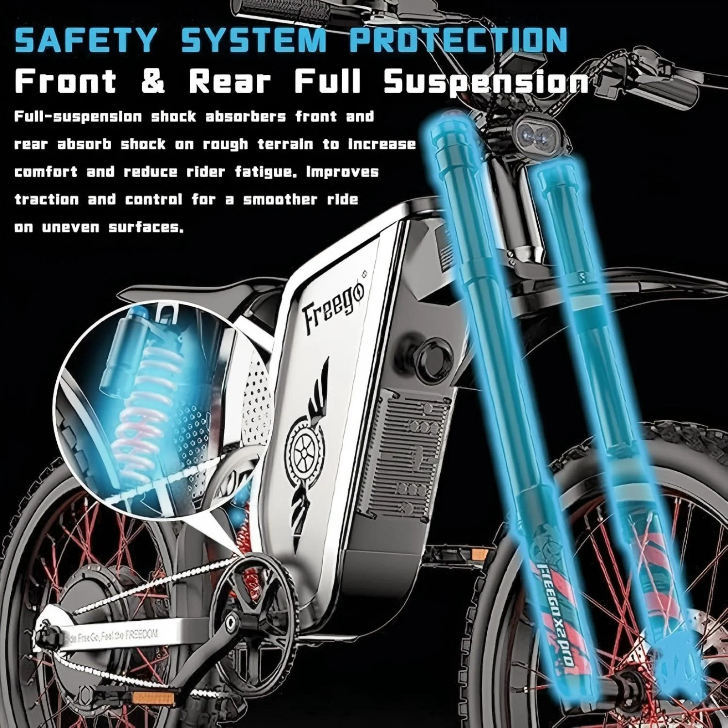 50MPH Electric Dirt Bicycle Freego X2 Pro,6000W(Peak)Motor Electric Motorcycle, Electric Bike for Adults, 60V30AH Battery, 19x2 Tire Full Suspension Hydraulic Brake Half Throttle UL2849 - Image 9