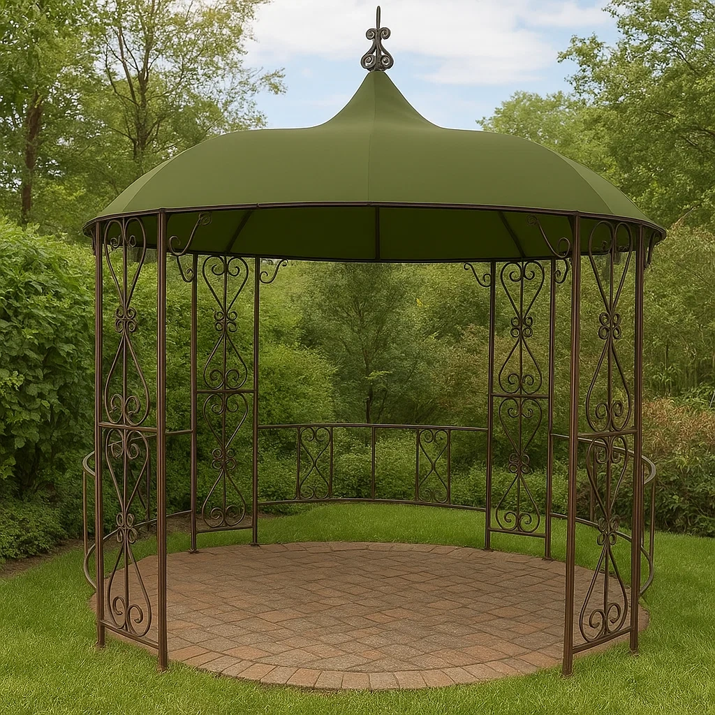 Quiosco de jardín redondo de metal tipo hierro forjado D300xAlt,270 cm con techo verde - oPSPySv154HI