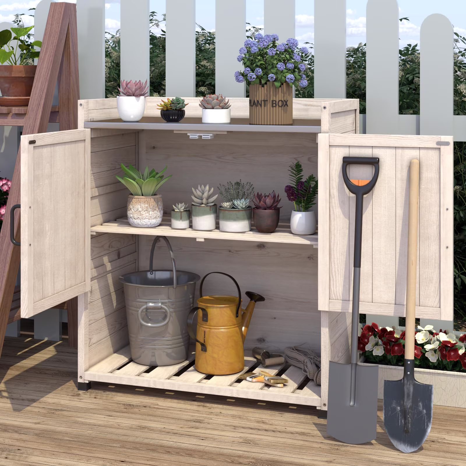 YODOLLA Potting Bench, Wooden Outdoor Storage Cabinet with Adjustable Shelf, Patio Storage with Metal Tabletop, Potting Table for Garden, Patio and Lawns, Gray - Image 3