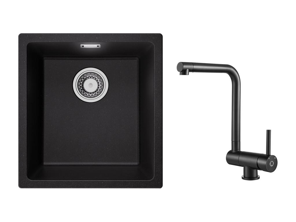 Fregadero de 1 cubeta de cuarzo y resina, 3 opciones de montaje, 40*44*20cm + Mezclador de cocina plegable negro
