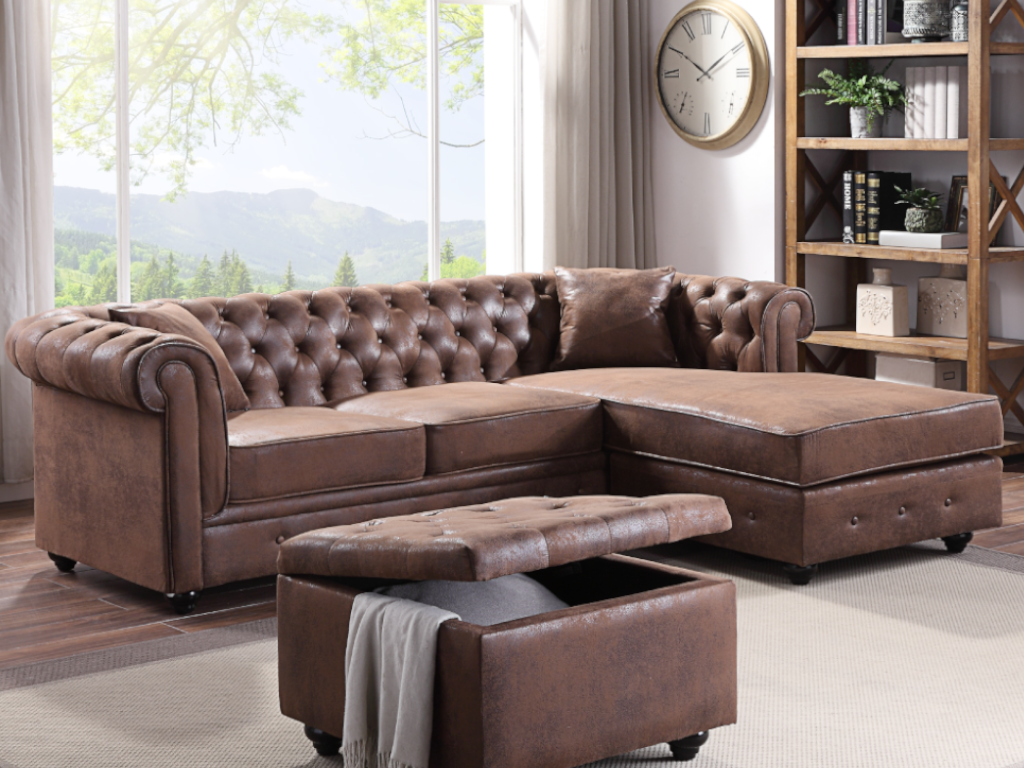 Sofá rinconero chesterfield de microfibra envejecido