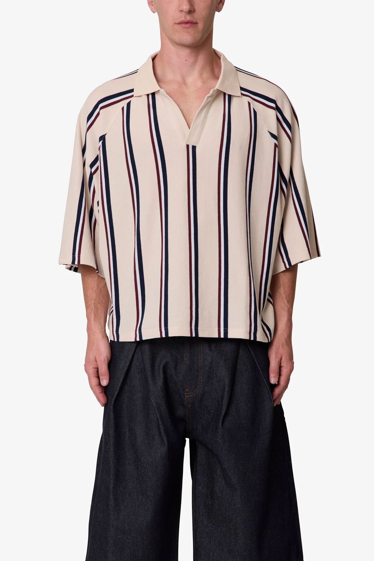 Wide Striped S/S Polo Shirt - Navy/Natural/Red