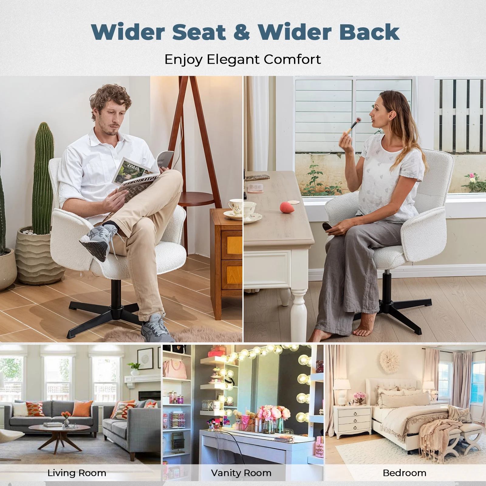 Homy Casa Ergonomic Criss Cross Leg Fabric Office Chair, Height Adjustable Wide Seat, Beige - Image 9
