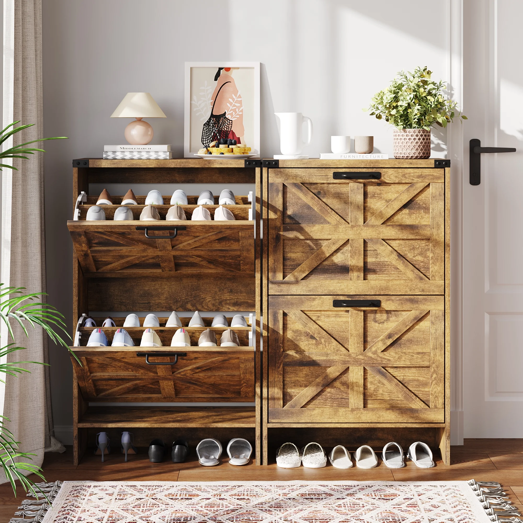 VEANERWOOD Shoes Storage Cabinet With Doors, Farmhouse Shoe Cabinet With 2 Flip Drawers For Entryway,Gray - Image 15
