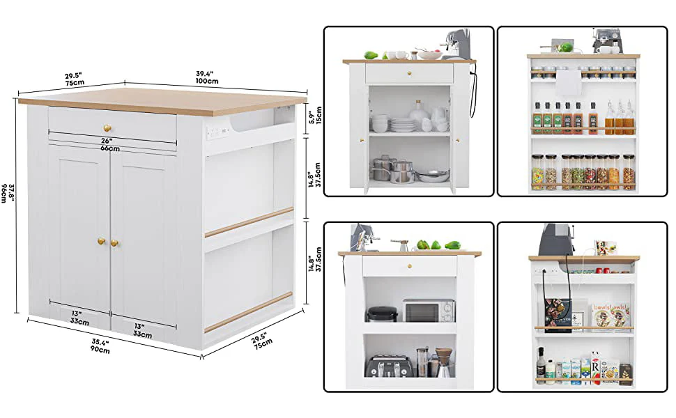 IRONCK Kitchen Island with Large Storage Space and Charging Station, 29.5"D x 39"W x 38"H, White - image 6