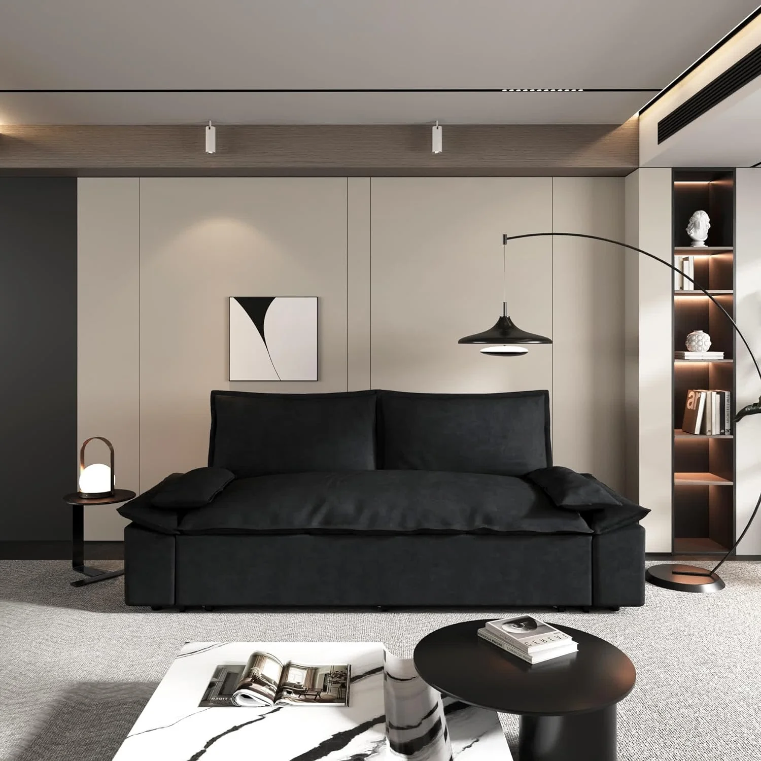 Tabaray 63.8" Futon Sofa Bed Queen Size, Pull Out Bed, 3-in-1 Convertible Sleeper Sofa with Side Pocket, Modern Plush Velvet Futon Couch for Living Room, Small Space, Apartment, Bedroom, Black - Image 52