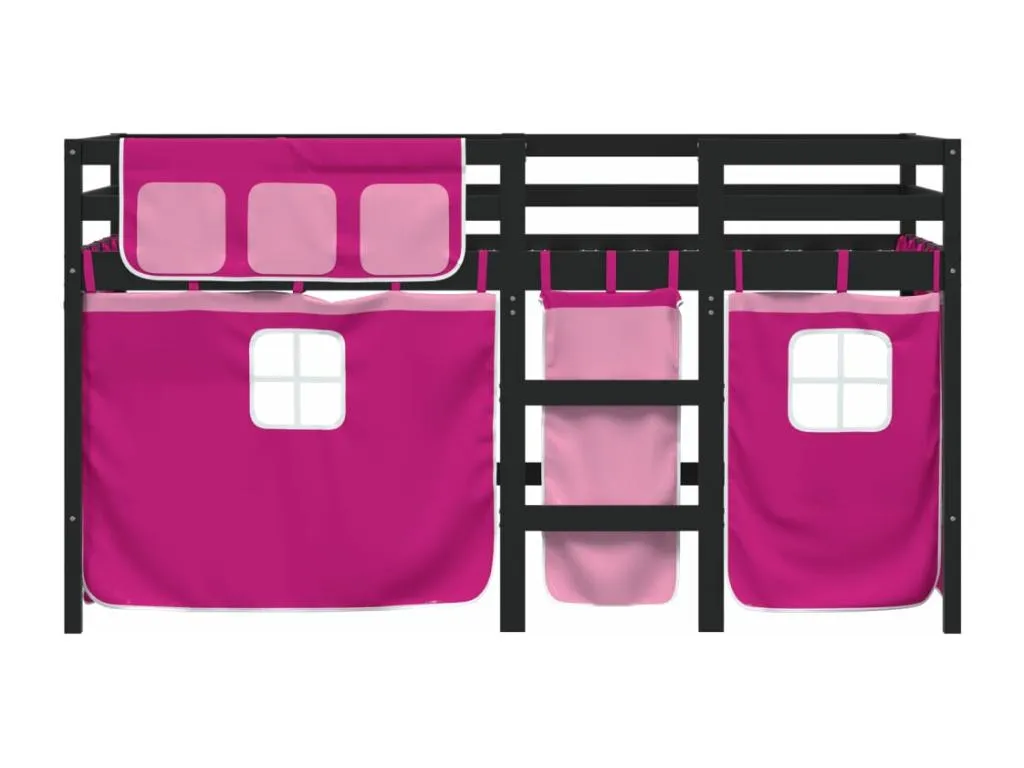 Cama alta infantil con cortinas de madera de pino rosa 90x200 cm. dhp3665447