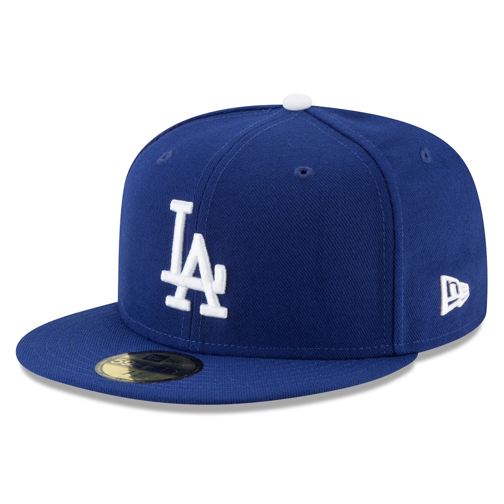 Left side angle of the royal blue LA Dodgers New Era fitted hat showing the white embroidered New Era flag logo.